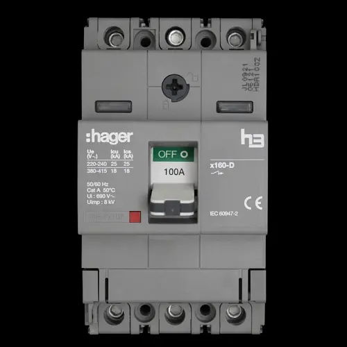 HAGER 100 AMP 18kA TRIPLE POLE MCCB HDA100Z X160 313612