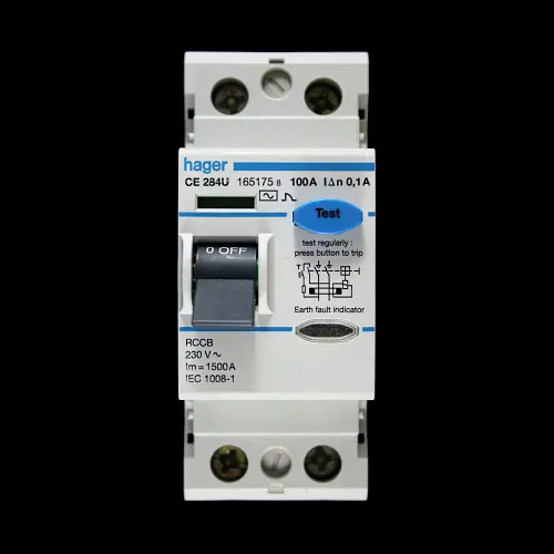 HAGER 100 AMP 100mA DOUBLE POLE RCCB RCD TYPE AC CE284U 165175