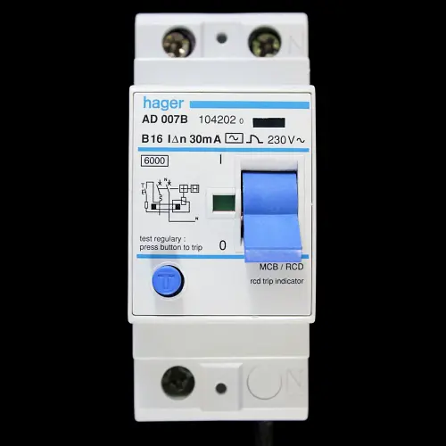 HAGER 16 AMP CURVE B 6kA 30mA DOUBLE POLE RCBO RCD MCB AD007B 104202