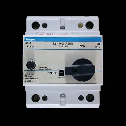 HAGER 80 AMP 30mA DOUBLE POLE RCCB RCD TYPE AC U780 01