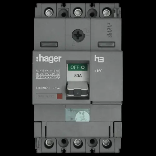 HAGER 80 AMP 18kA TRIPLE POLE MCCB HDA080U1 X160 313065