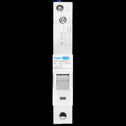 HAGER 6 AMP CURVE B 10kA 30mA RCBO TYPE A ADA106U 104531