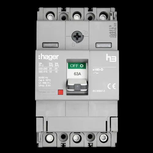 HAGER 63 AMP 18kA TRIPLE POLE MCCB HDA063Z X160 313610