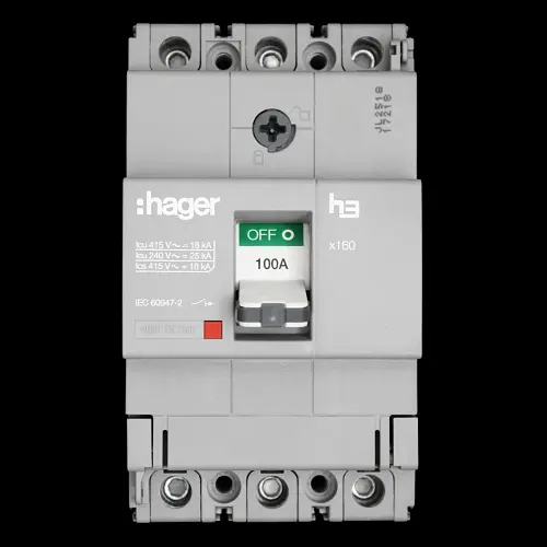 HAGER 100 AMP 18kA TRIPLE POLE MCCB HDA100Z X160 313612