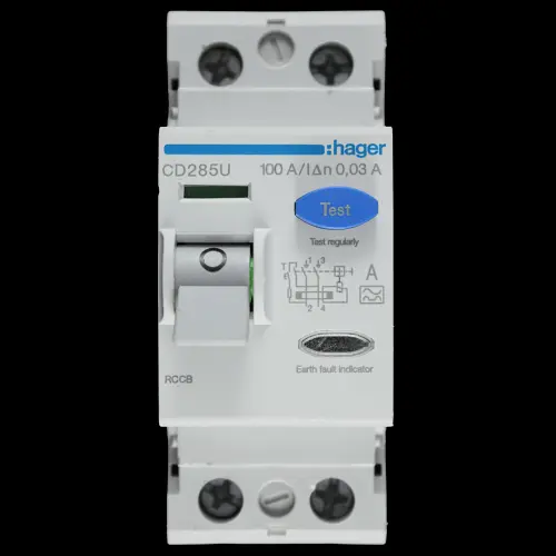 HAGER 100 AMP 30mA DOUBLE POLE RCCB TYPE A 161503 CD285U