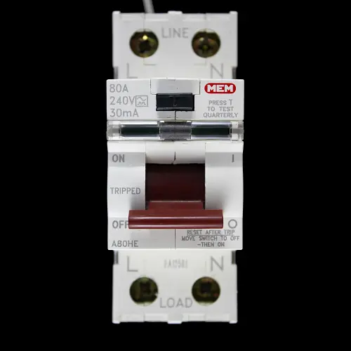 MEM 80 AMP 30mA DOUBLE POLE RCD TYPE A A80HE