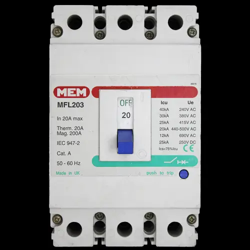 MEM 20 AMP 25kA TRIPLE POLE MCCB MFL203