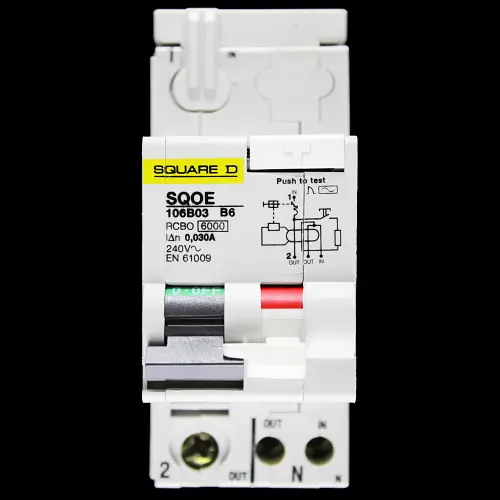 SQUARE D 6 AMP CURVE B 6kA 30mA DOUBLE POLE RCBO TYPE AC SQOE 106B03