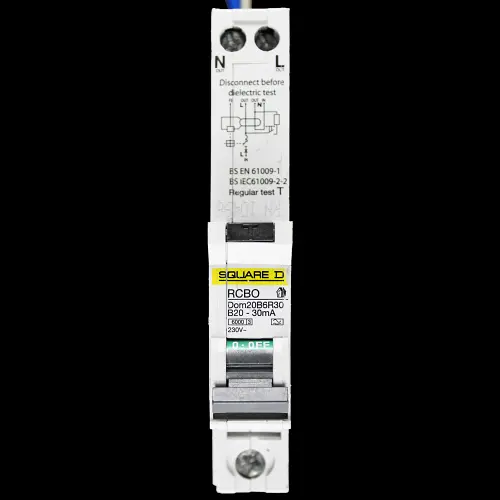 SQUARE D 20 AMP CURVE B 6kA 30mA RCBO TYPE A DOM20B6R30
