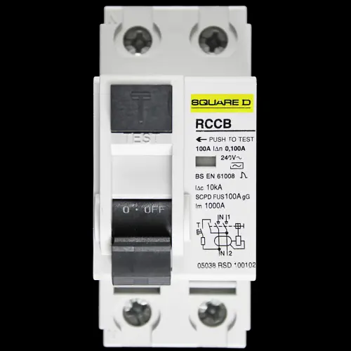 SQUARE D 100 AMP 100mA DOUBLE POLE RCCB TYPE AC 05038 RSD 100102