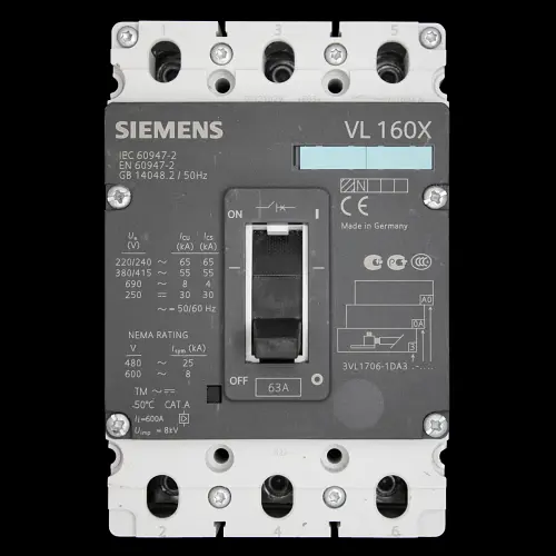 SIEMENS 63 AMP 55kA TRIPLE POLE MCCB 3VL1706-1DA33-0AA0 VL160X